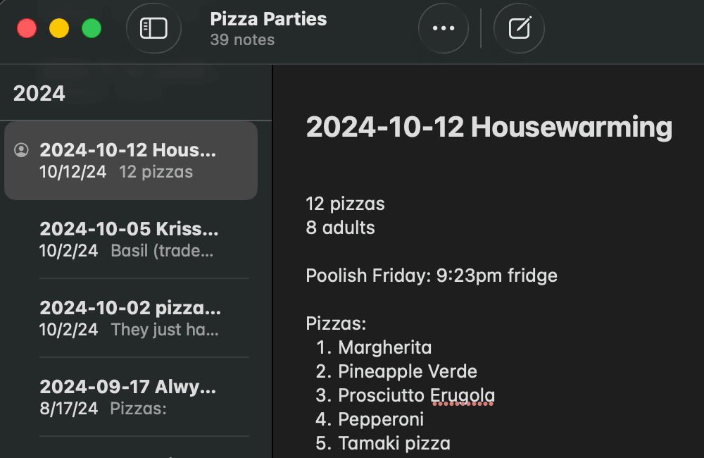 Pizza menu drafted in a notes app