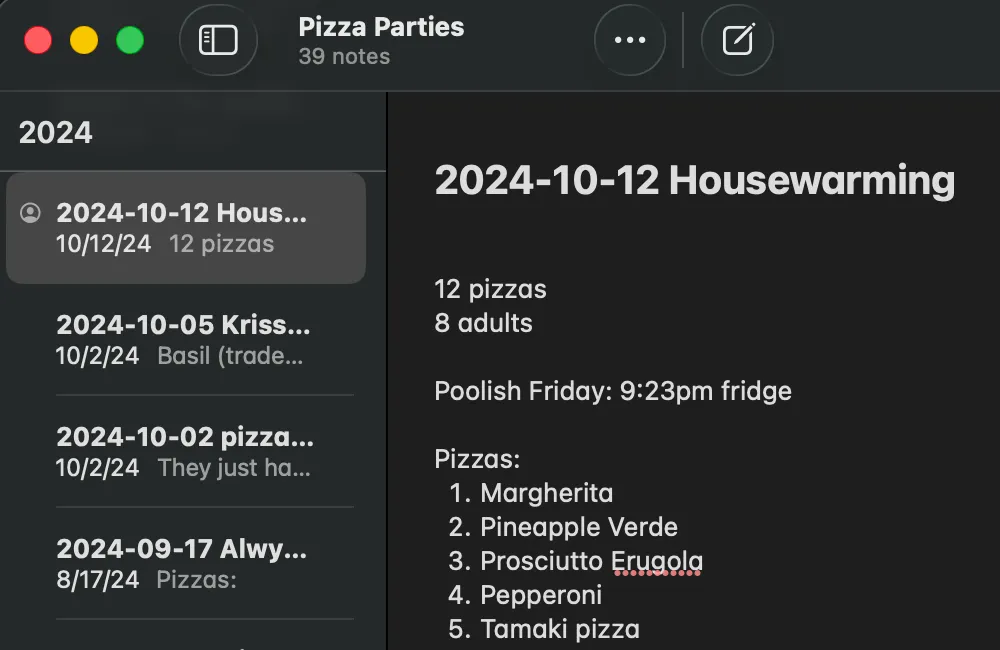 Pizza menu drafted in a notes app