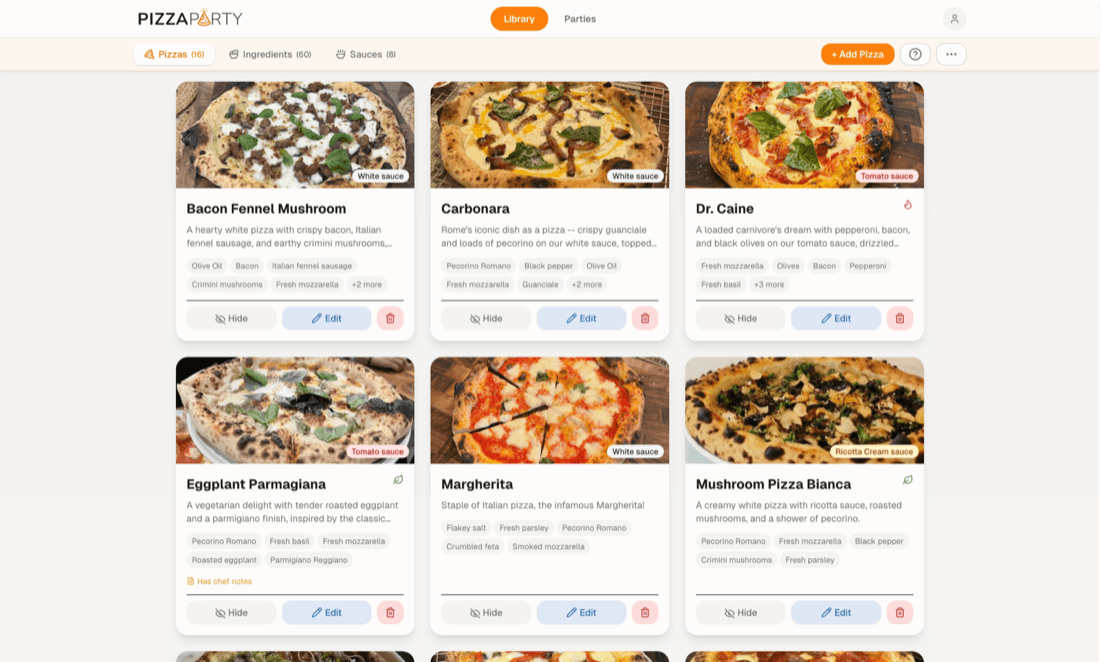 The pizza library showing a grid of pizzas with photos, descriptions, and toppings, plus tabs for ingredients and sauces