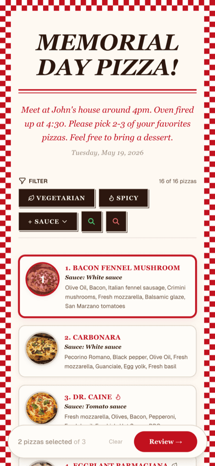 A guest browsing the pizza menu on a phone