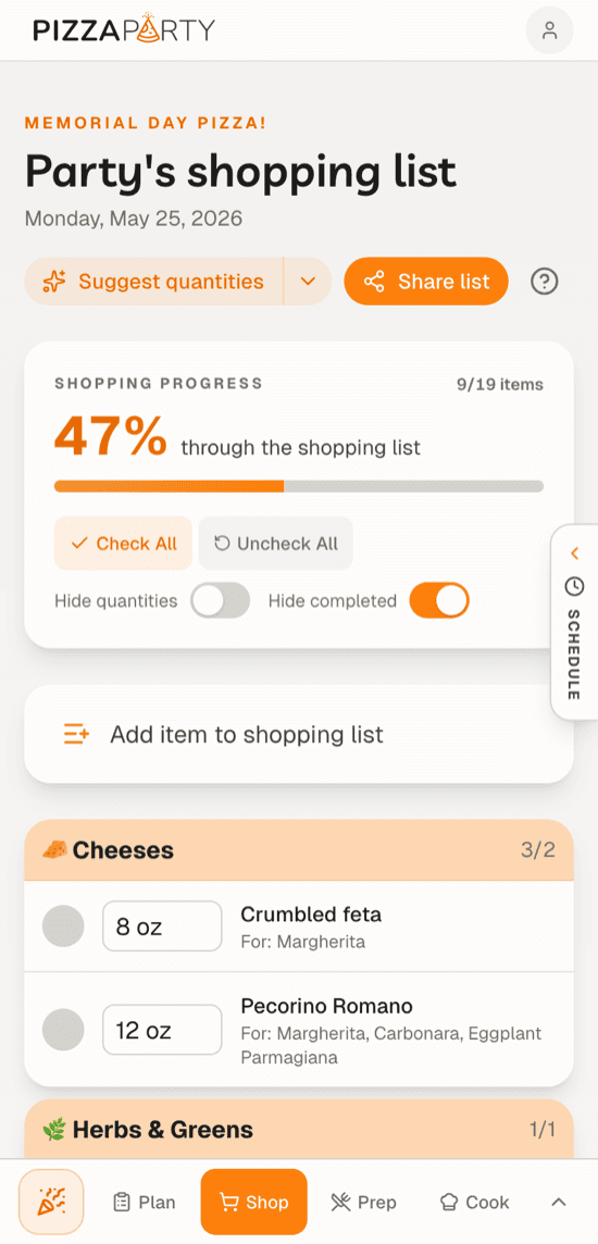 The shopping list grouped by aisle with quantities, viewed on a phone