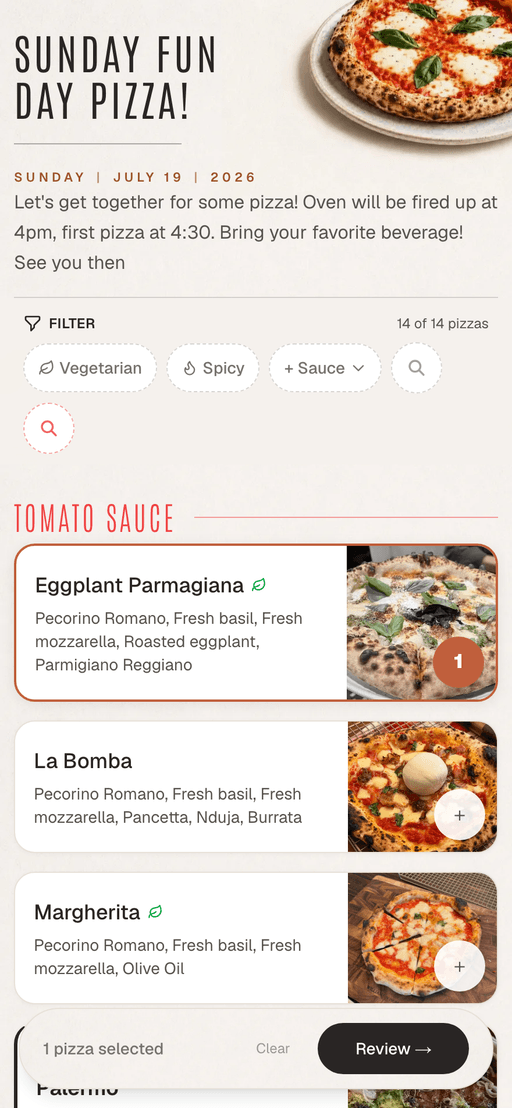 A guest's phone showing the interactive pizza menu