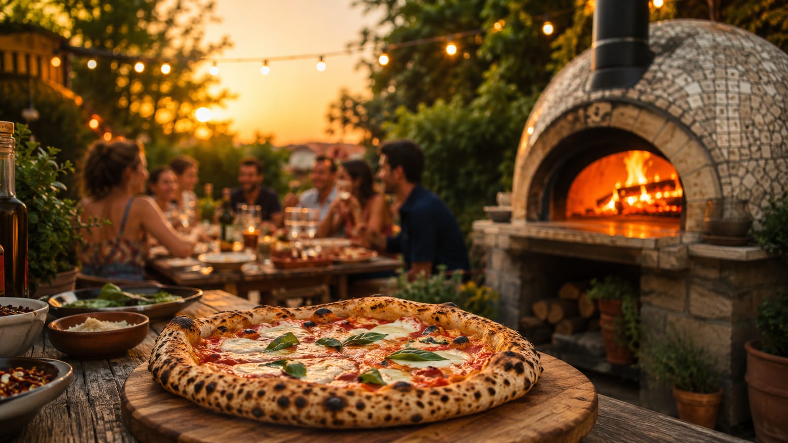Friends gathered around a long table at golden hour, a fresh Neapolitan pizza up front and a wood-fired oven glowing on the right