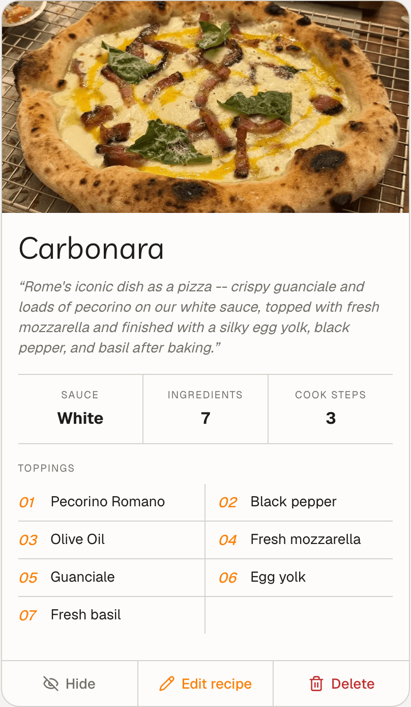 Recipe card for a Carbonara pizza showing its photo, sauce, toppings, and cook steps