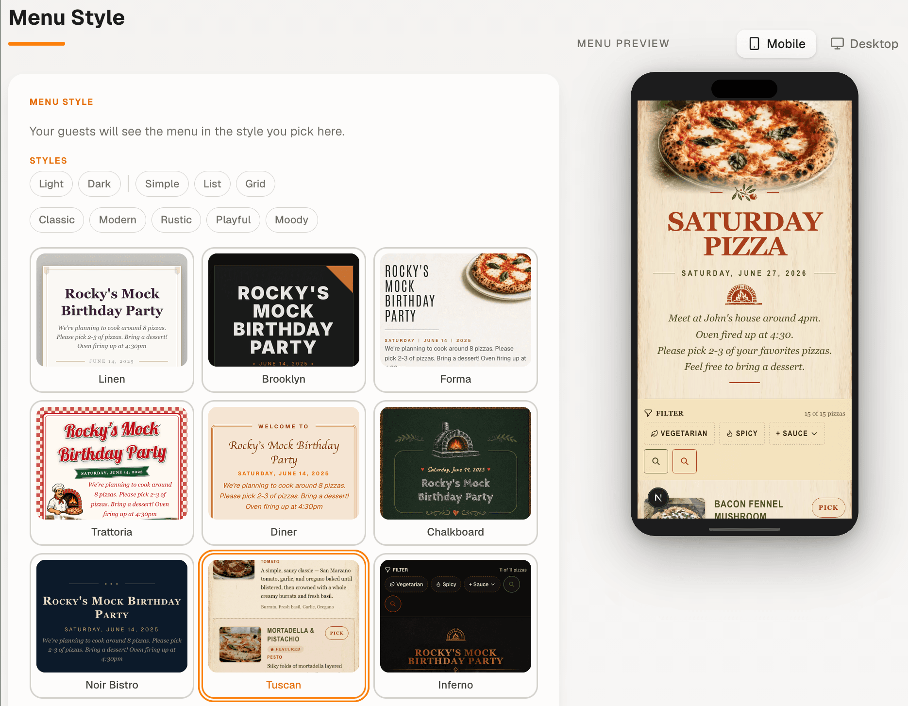 Create-a-party screen: style the menu