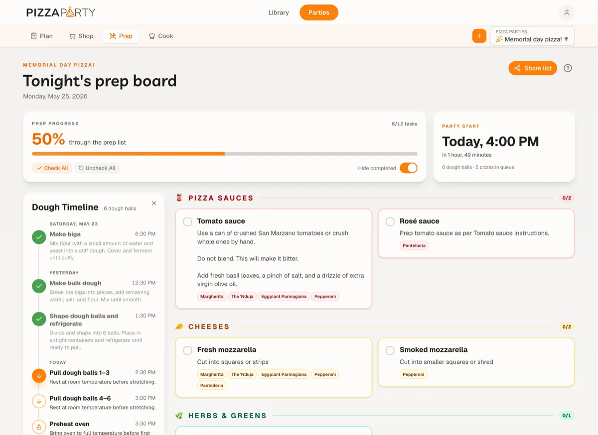 The prep board with tasks for each ingredient