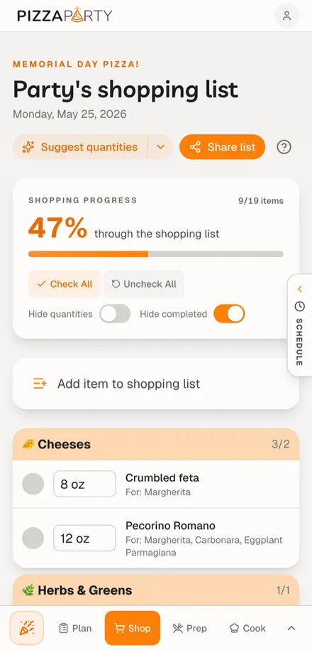 The shopping list grouped by aisle with quantities, on a phone